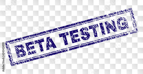 BETA TESTING stamp seal print with rubber print style and double framed rectangle shape. Stamp is placed on a transparent background. Blue vector rubber print of BETA TESTING title with dirty texture.
