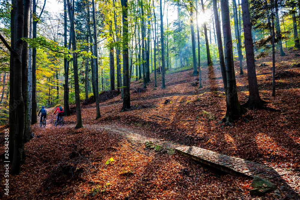 Fototapeta premium Cycling woman and man at Beskidy mountains spring forest landscape. Couple riding MTB enduro track. Outdoor sport activity.