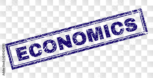 ECONOMICS stamp seal watermark with rubber print style and double framed rectangle shape. Stamp is placed on a transparent background. Blue vector rubber print of ECONOMICS caption with dust texture.