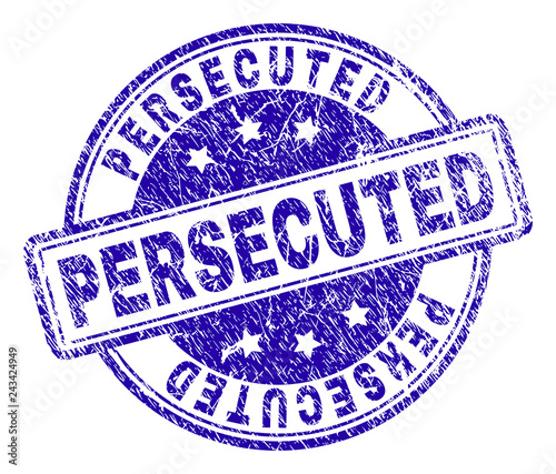 PERSECUTED stamp seal watermark with grunge effect. Designed with rounded rectangles and circles. Blue vector rubber print of PERSECUTED title with grunge texture.