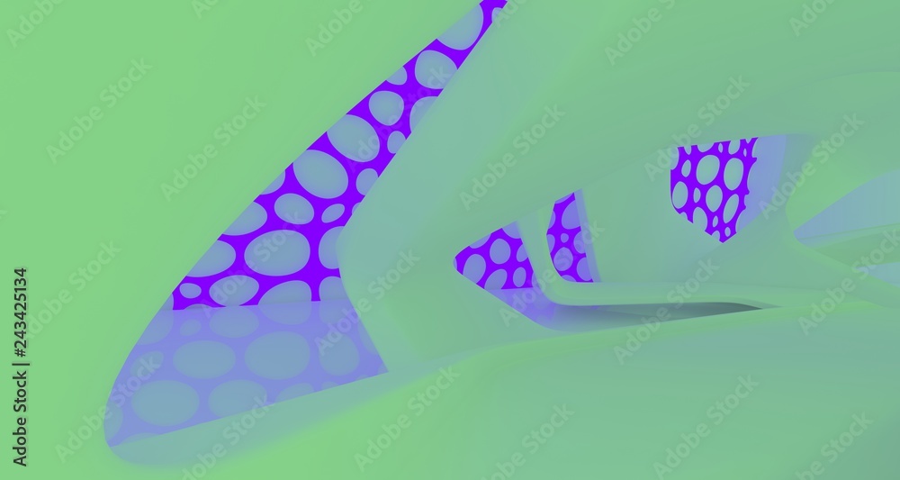 Fototapeta premium Abstract white Futuristic Sci-Fi interior With Violet And Green Glowing Neon Tubes . 3D illustration and rendering.