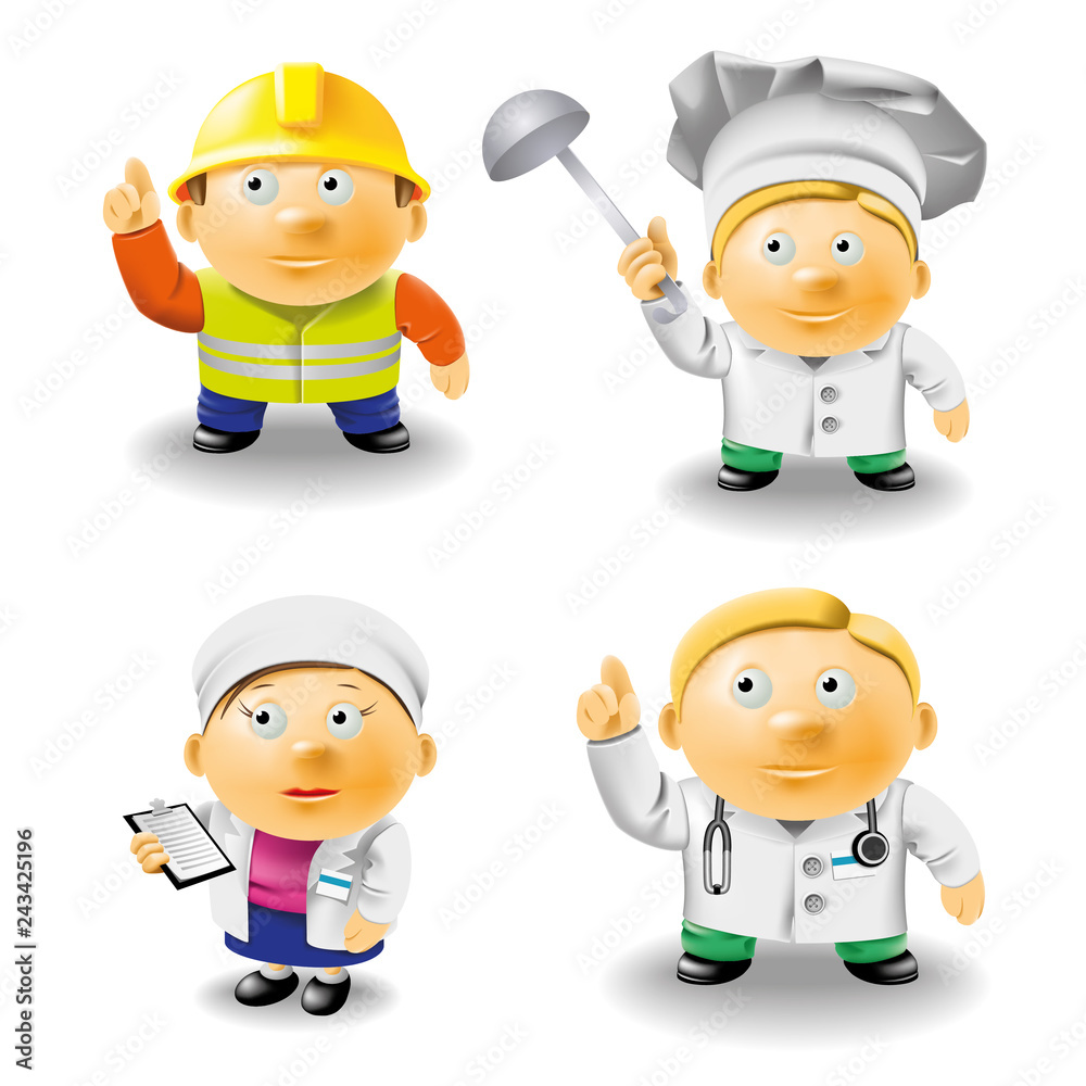 Cartoon characters of different professions.
Set of three-dimensional vector drawings, little men in uniform on a white background. Vector, EPS-10, 3D.
