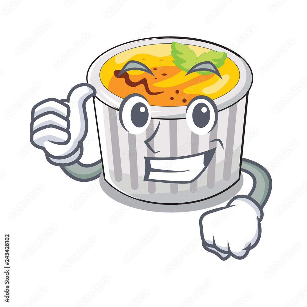 Thumbs up creme brule in white cartoon bowl