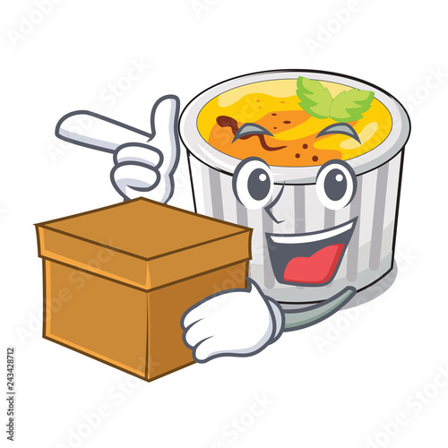 With box creme brule in white cartoon bowl