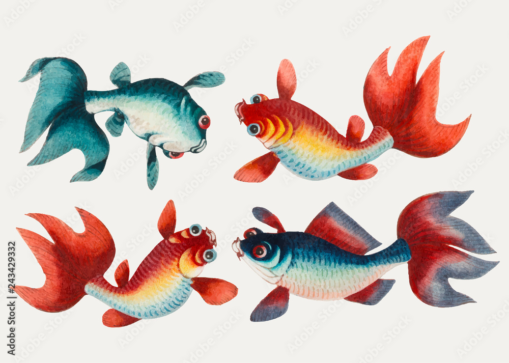 Fototapeta premium Chinese painting featuring two gold and two silver fish.