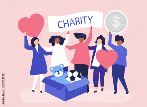People volunteering and donating money and items  to a charitable cause