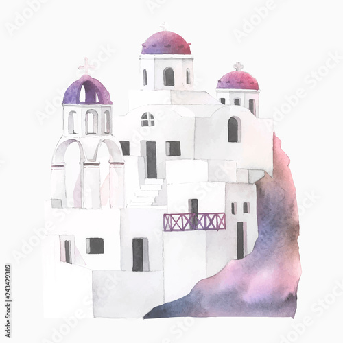 Santorini Cycladic houses watercolor illustration