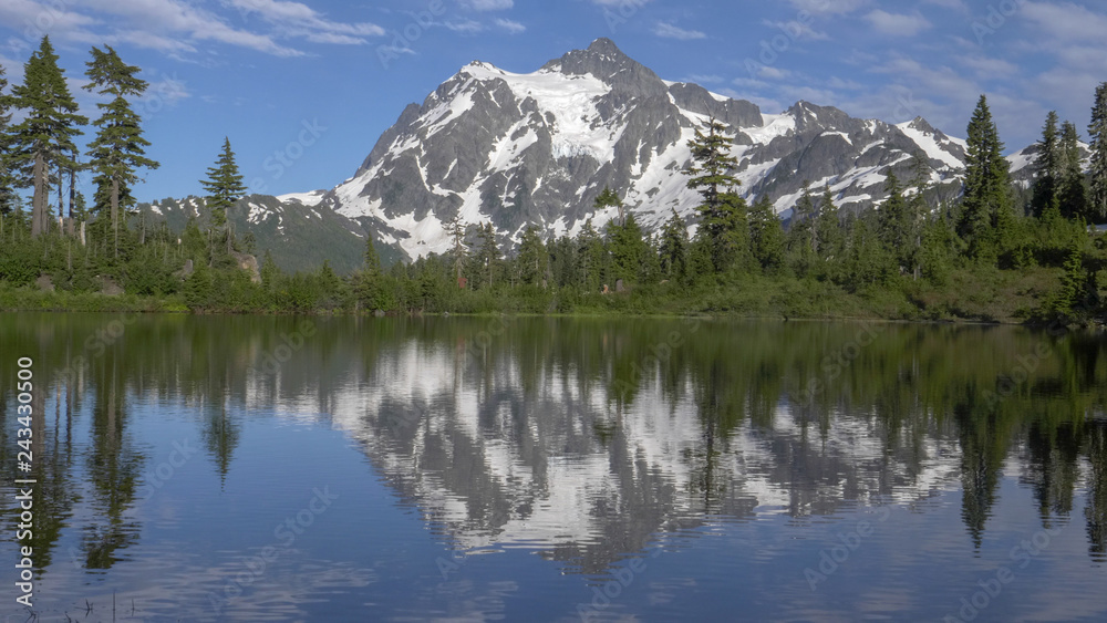 evening at picture lake with mt shuksan reflected on the lake at mt baker wilderness in the us pacific northwest