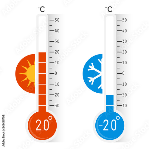Celsius meteorology thermometers measuring heat and cold, vector illustration. Thermometer. Hot, cold. Thermometer equipment showing hot or cold weather.