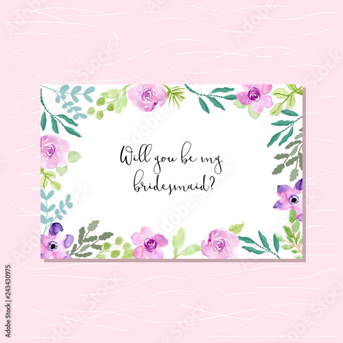 bridesmaid card with purple green floral frame
