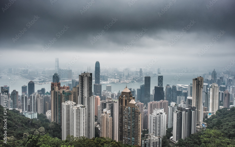 View skyline building with storm in rainy season at Victoria Peak