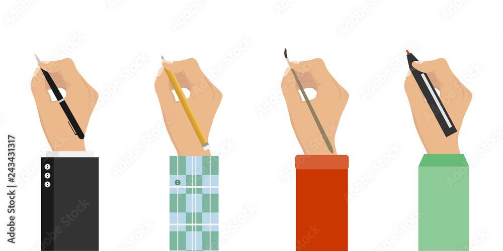 Men hands with writing tools and office supplies set. Flat illustration of  human men hands with