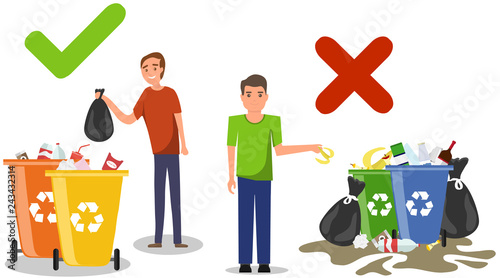 Person disposed improperly throwing away garbage on the floor. Correct and wrong behavior of littering waste.Littering garbage. Littering trash. Rubbish on the ground. Vector illustration. photo