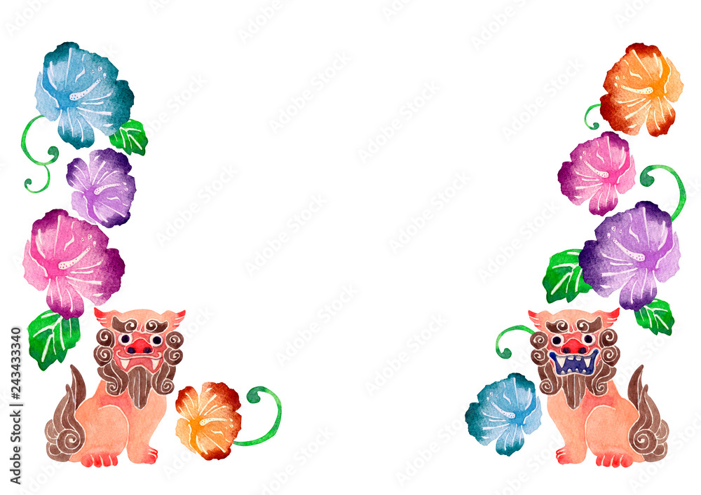 沖縄 シーサー ハイビスカス 背景フレーム 水彩 イラスト Stock イラスト Adobe Stock