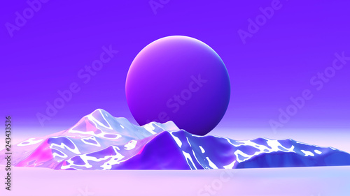 3d abstract background with space for text. Futuristic planet in purple, ink and blue colors. Bright trendy gradients. Mix of matt and glossy textures. Scene for posters, flyers, web and social media