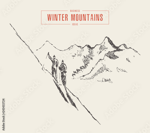 People climb mountain winter mountain ski vector