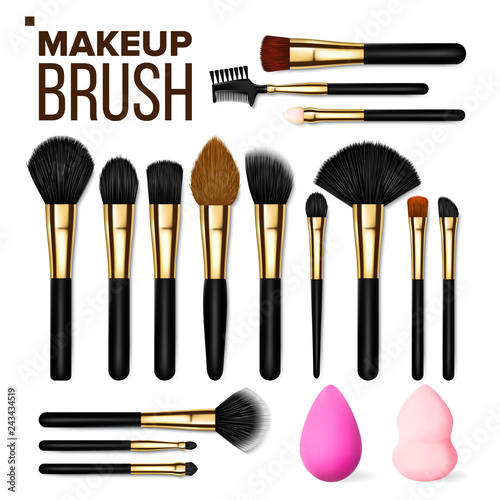 Makeup Brush Set Vector. Cosmetic Beauty Tools. Professional Woman Facial Equipment. Female Accessory. Realistic Isolated Illustration