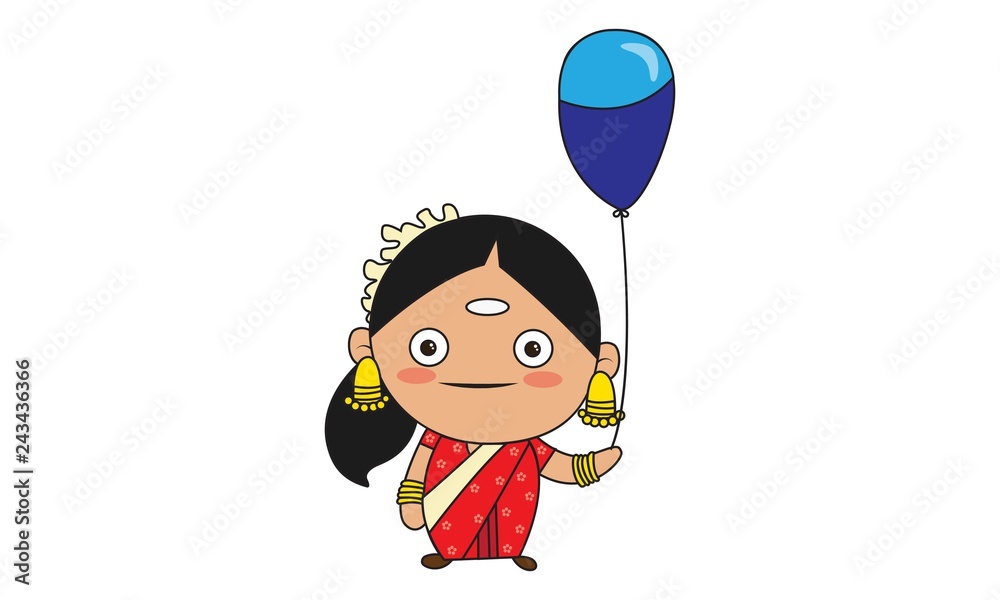 Vector cartoon illustration of south indian woman with balloon. Isolated on  white background. Stock Vector | Adobe Stock