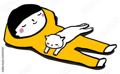 猫と寝る　こども　ベクター