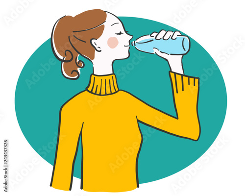 水　飲む　女性　余白　水分補給　ベクター　冬こそ水分補給