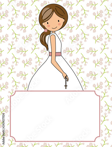 my first communion girl. Flowers background and space for text
