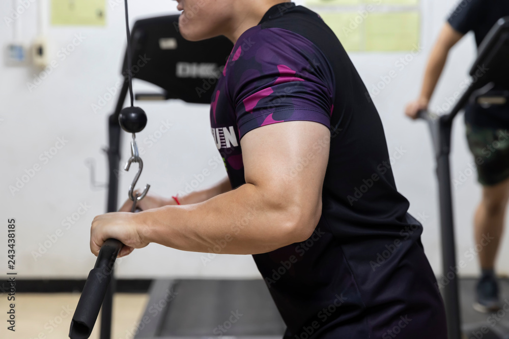 A man workout with Cable Triceps Pushdown in gym. A man workout with Cable Triceps Pushdown in gym.