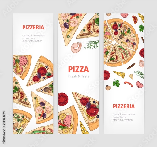 Set of vertical banner templates with appetizing classical pizza cut into slices and place for text. Vector illustration for pizzeria or Italian restaurant advertisement, food delivery promotion.