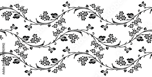 Seamless black and white floral border
