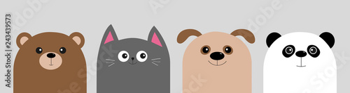 Cartoon kawaii baby bear, cat, dog, panda. Animal head face body icon set. Cute cartoon kawaii character. Flat design. Isolated. Gray background.
