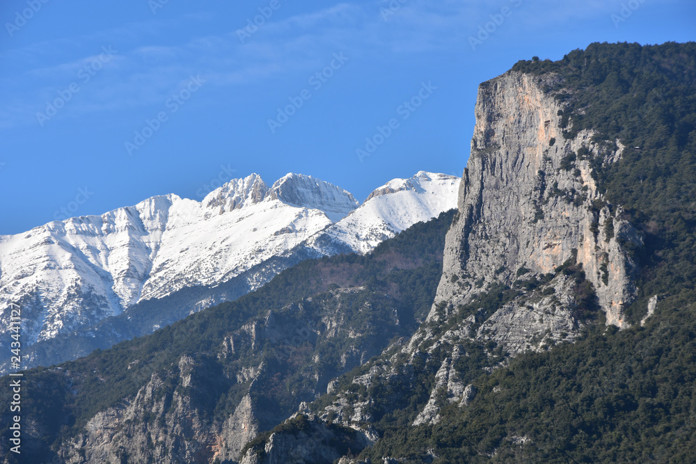 View from the town of Litochoro, Greece to the Mount Olympus and its highest peak Mitikas in snow