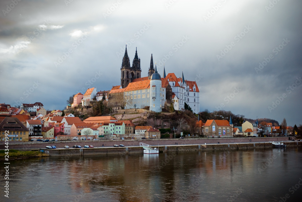 Meissen City in Saxony. City on the river. Elba. reflection in water. Cathedral