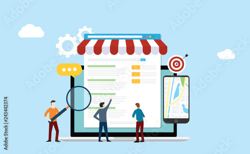 local seo market strategy business search engine optimization with team people working together on front of store and maps online - vector photo