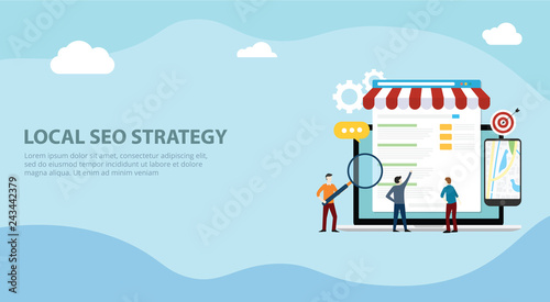 local seo market strategy business search engine optimization website design landing page ui with team people working together on front of store and maps online - vector