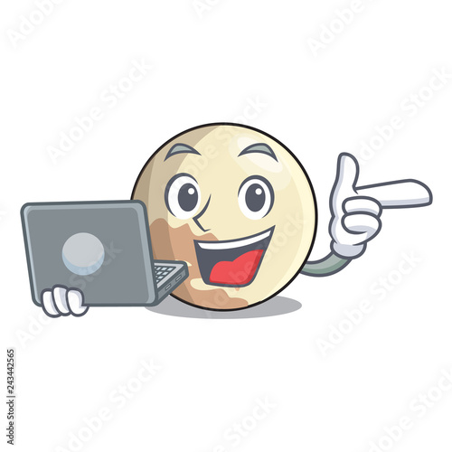 With laptop planet pluto in the cartoon form