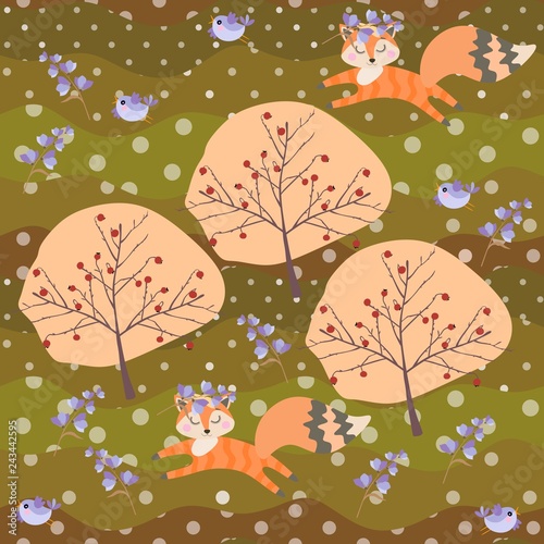 Cute fox cubs in wreaths of bell flowers and little birds frolic in the summer forest. Seamless patchwork pattern in vector.