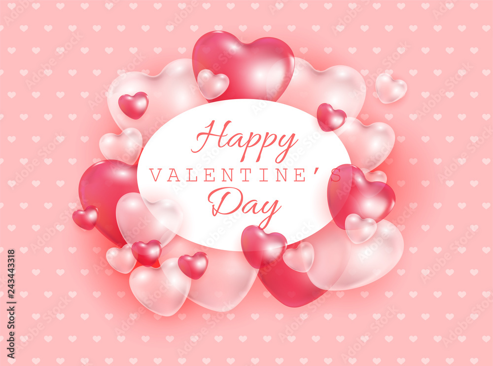Happy Valentine Day gift card with red and pink 3d heart shapes transparent balloons - vector illustration of romantic. Beautiful love festive poster for 14 February.