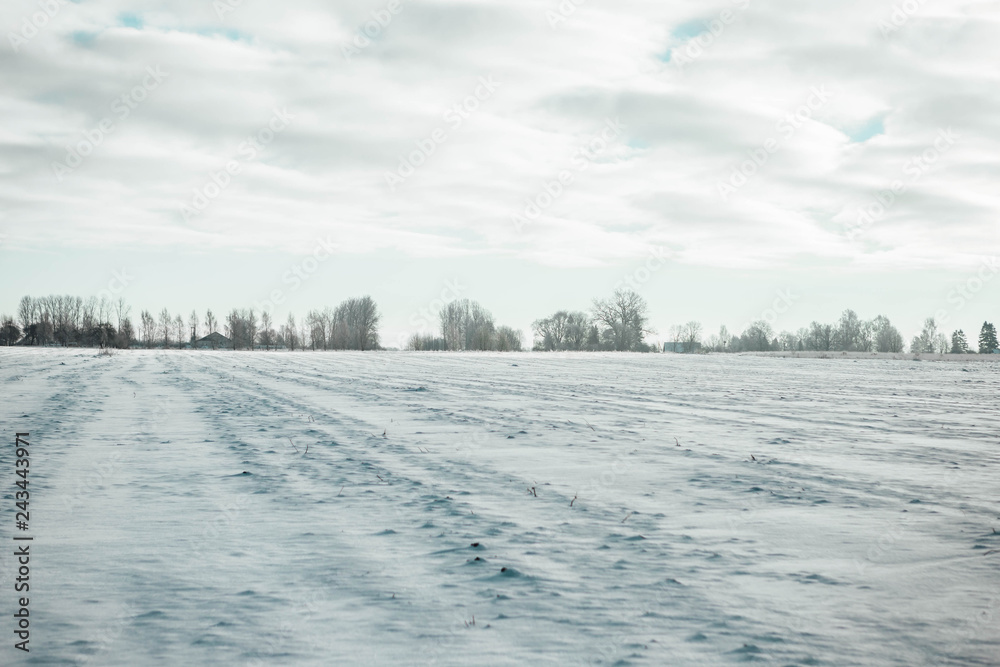 Frozen rural field, sunny winter day in countryside Frozen rural field, sunny winter day in countryside