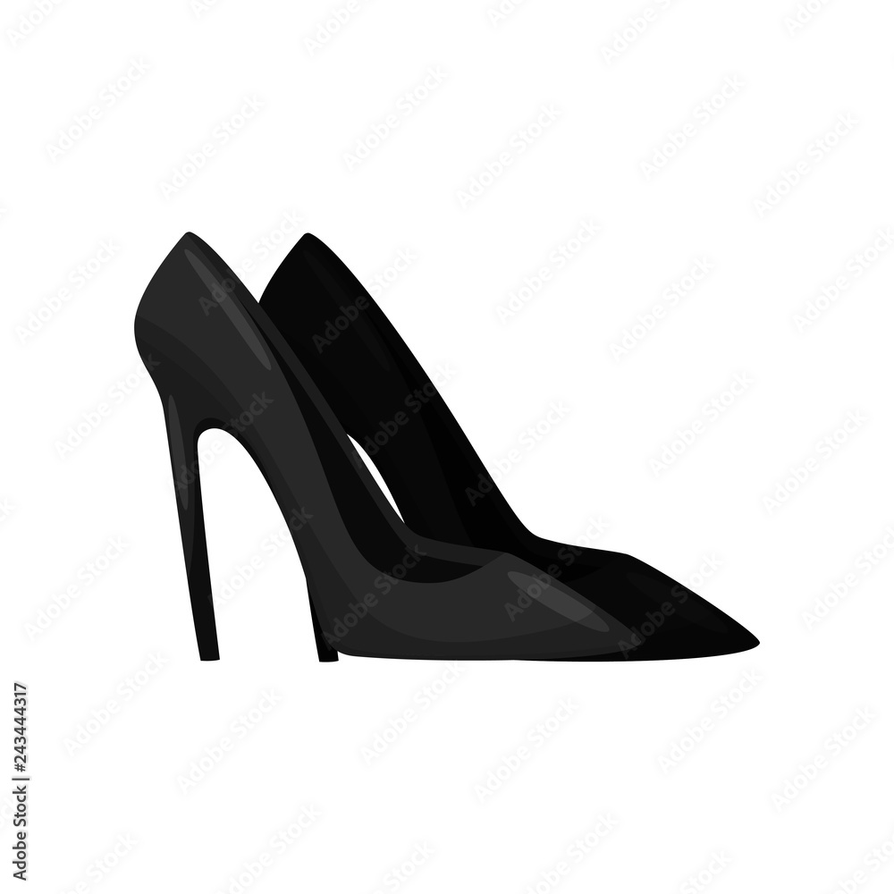 Flat vector design of elegant black women shoes with tall, thin heels and pointed toe, side view. Female footwear Flat vector design of elegant black women shoes with tall, thin heels and pointed toe, side view. Female footwear