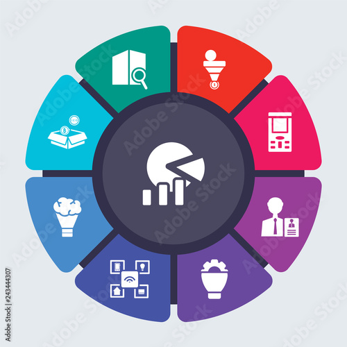 general vector template for infographics. Business concept with 9 options, steps, parts, segments. Banner infographic cycling diagram, round chart, market share, map search, lead conversion icons