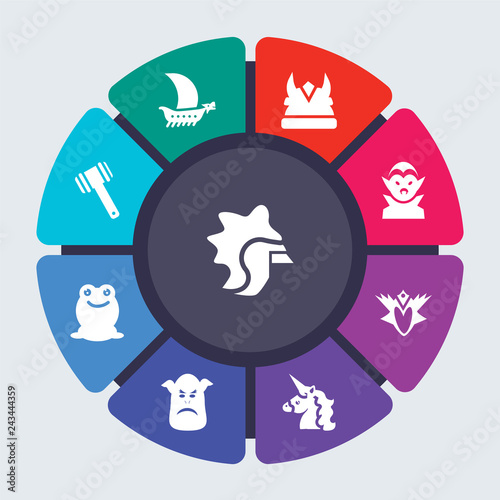 fairy tale vector template for infographics. Business concept with 9 options, steps, parts, segments. Banner infographic cycling diagram, round chart, Warrior, Viking ship, Viking, Vampire icons