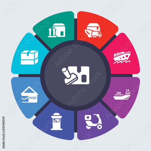 delivery and logistics vector template for infographics. Business concept with 9 options, steps, parts, segments. Banner infographic cycling diagram, round chart, Stamp, Side up, Shipping icons