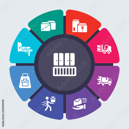 delivery and logistics vector template for infographics. Business concept with 9 options, steps, parts, segments. Banner infographic cycling diagram, round chart, Freight, Free icons