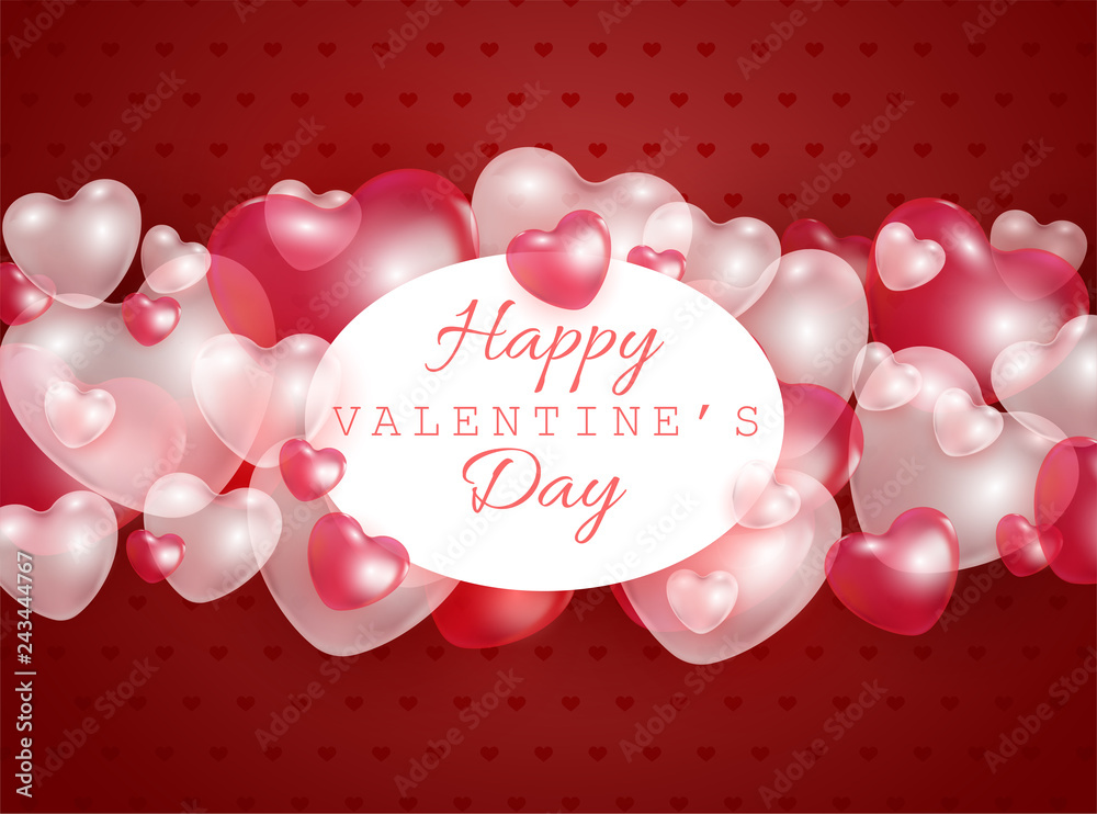 Happy Valentine Day gift card with red and pink 3d heart shapes transparent balloons - vector illustration of romantic. Beautiful love festive poster for 14 February.