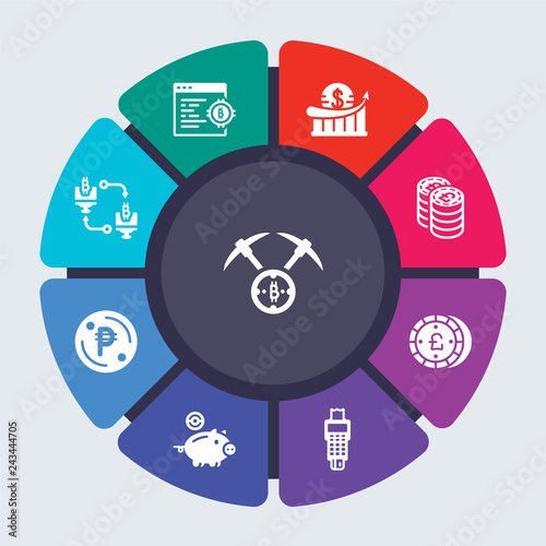 cryptocurrency economy vector template for infographics. Business concept with 9 options, steps, parts, segments. Banner infographic cycling diagram, round chart
