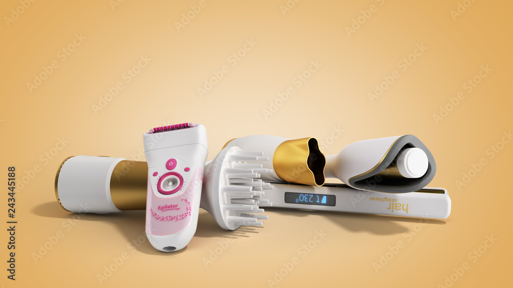 set of equipment for hair care hair dryer epilator curling iron hair  straightener 3d render on gold gradient Stock Illustration | Adobe Stock