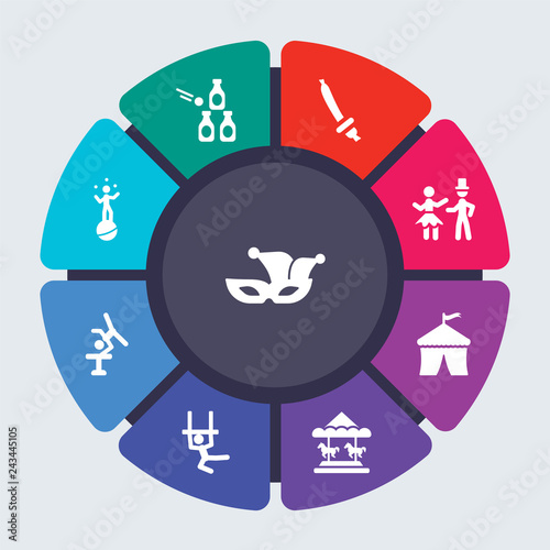 circus vector template for infographics. Business concept with 9 options, steps, parts, segments. Banner infographic cycling diagram, round chart, Carnival, Bottle throw, Balloon sword icons