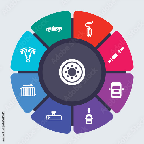 car parts vector template for infographics. Business concept with 9 options, steps, parts, segments. Banner infographic cycling diagram, round chart, spare wheel, soft top icons