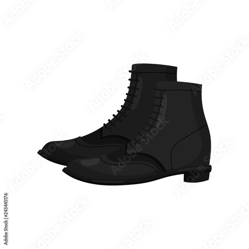 Pair of black leather male boots, side view. Casual men shoes. Warm footwear for autumn season. Flat vector design