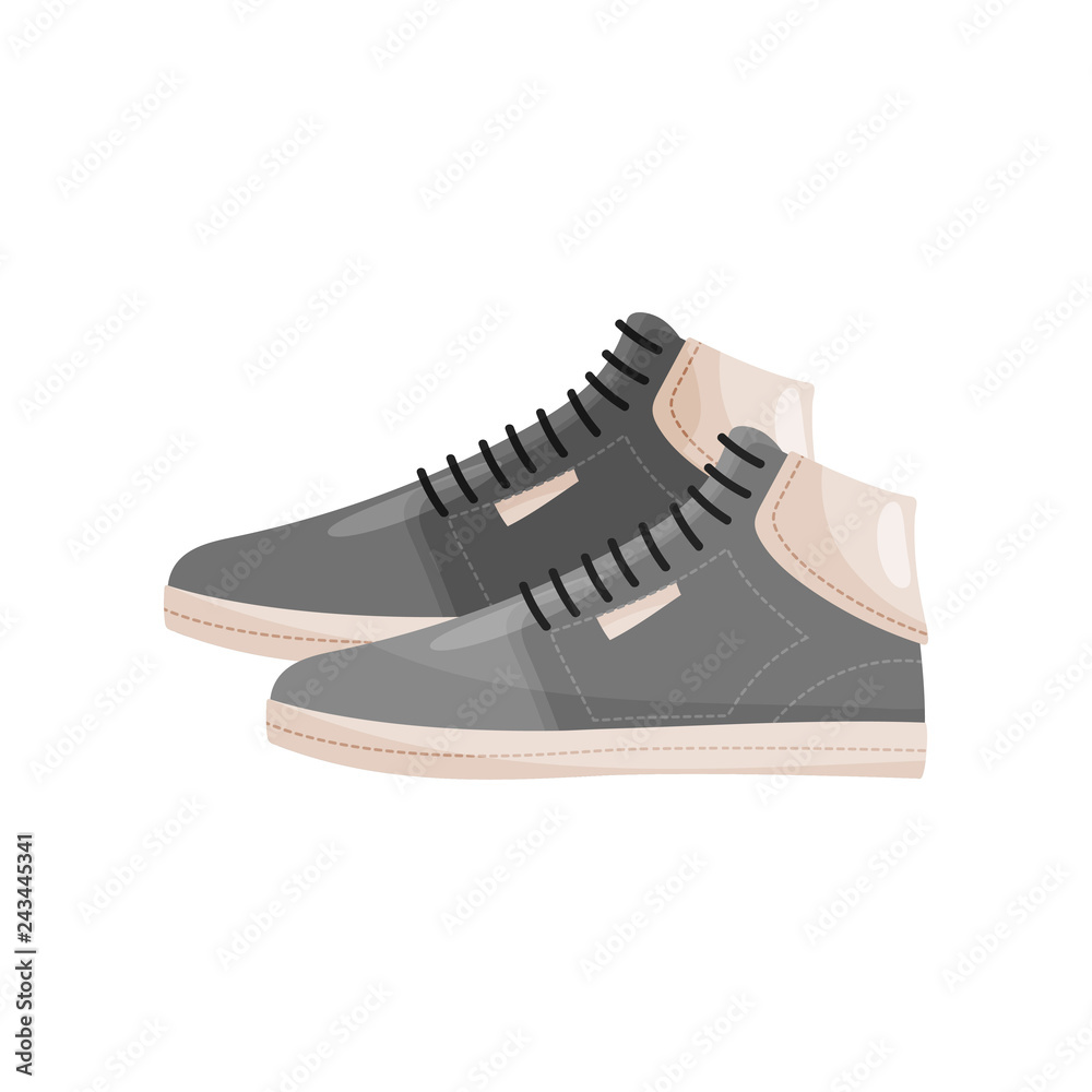 Pair of trendy male shoes with laces, side view. Gray sneakers. Men sports  footwear. Flat vector icon Stock Vector | Adobe Stock