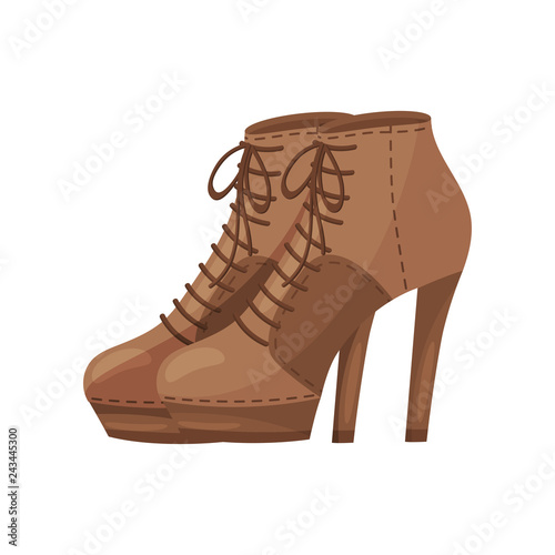 Pair of women ankle boots with laces, side view. Stylish shoes with high heels. Trendy footwear. Flat vector design